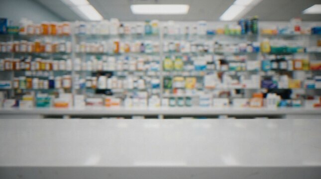 An out-of-focus pharmacy counter with blurred shelves full of medication bottles and products in the background.