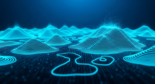 Futuristic digital landscape with glowing blue holographic contour lines and data points landscape holographic technology abstract topography visualization information conceptual innovation