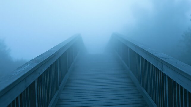 Wooden bridge receding into thick, atmospheric fog, evoking mystery and solitude in nature