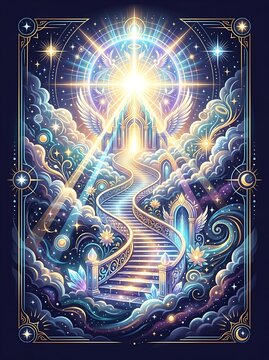 Winding golden staircase ascending to a radiant heavenly portal