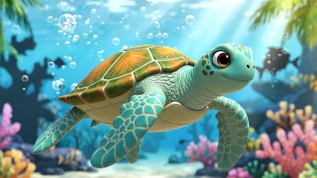 Cute sea turtle swimming through a vibrant coral reef underwater
