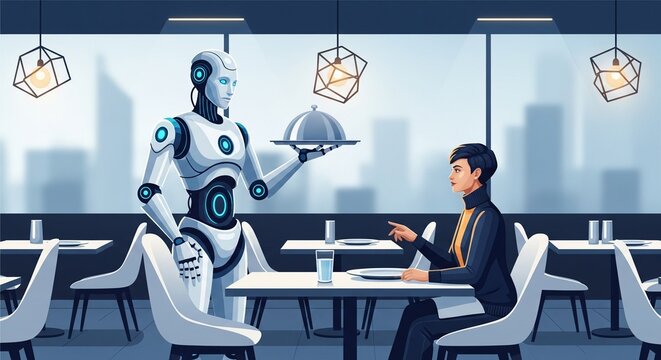 Futuristic robot serving human in high tech corporate meeting with innovative futuristic design and vibrant digital art style