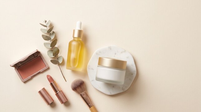 High-angle shot of skincare and makeup essentials including serum, cream, blush, and lipstick on a neutral beige background with eucalyptus.