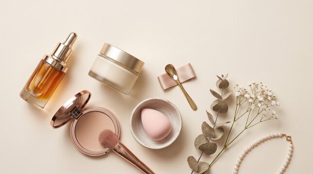 An elegant flat lay of skincare and makeup products including face oil, cream, and accessories in neutral and rose gold tones on a beige background.