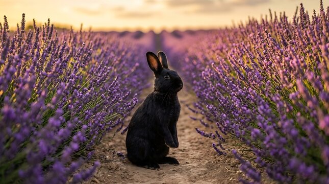 black rabbit in blooming lavender field at golden hour sunset