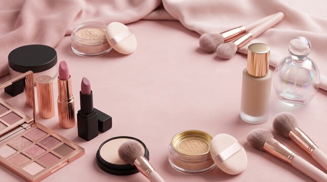 A flat lay of luxury makeup products, brushes, and perfume on a soft pink fabric background with central empty space for text.