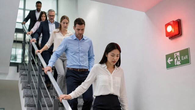 Group of office colleagues descending stairs during emergency evacuation. Employees walking down staircase following fire alarm and exit sign in building. Professional safety training exercise
