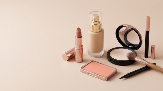 Elegant nude and rose gold makeup products including foundation, lipstick, blush, and brushes arranged on a soft beige minimalist background.