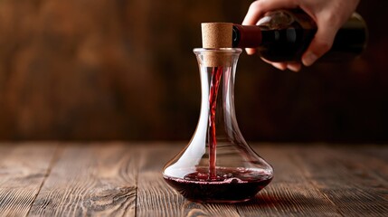 Obraz premium Hand pouring rich red wine into a clear glass decanter for aeration and serving at a rustic wooden table