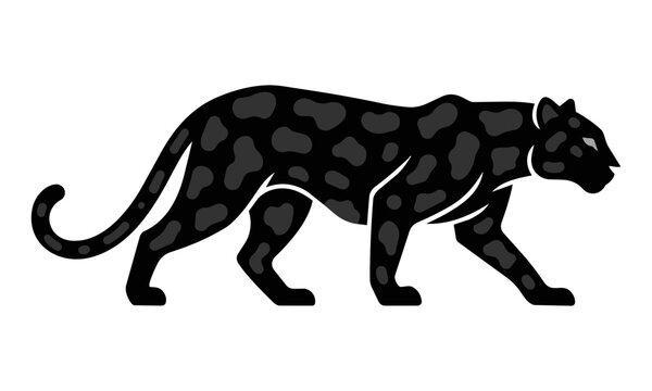 Minimalist side-profile silhouette of a prowling leopard with bold monoline contours and stylized spots, isolated on a white background. Wild animal concept