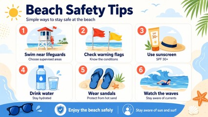 Obraz premium Beach safety tips infographic showing six important rules for summer vacation. Illustration with icons of lifeguard, warning flag, sunscreen, water, sandals and swimmer in ocean