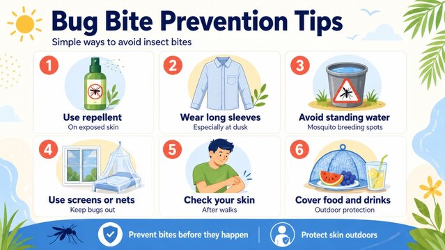 Infographic about bug bite prevention tips with a man checking skin. Illustration of mosquito repellent, protective clothing, netting, and hygiene to avoid insect sting and health risk