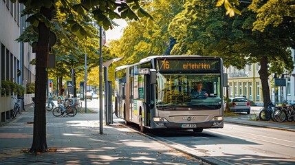Obraz premium Modern Urban Bus Driving on City Street Lined with Trees on a Sunny Day