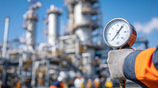 Industrial Pressure Gauge in Foreground with Refineries Behind