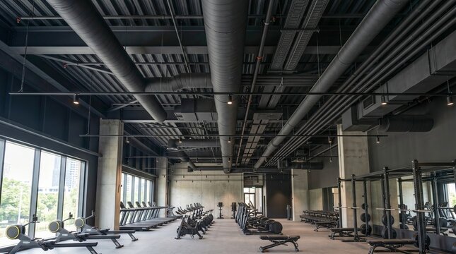 Modern gym interior with industrial ceiling design featuring advanced ventilation system and fitness equipment. concept of exercise, fitness facility, workout environment