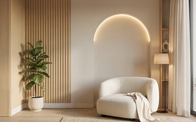 Cozy living room corner with a comfortable cream armchair, wooden slat wall paneling, a tall green plant, and warm ambient arched wall lighting
