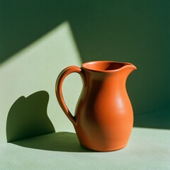 Fototapeta premium Terracotta ceramic pitcher casting long dramatic shadow on sage green