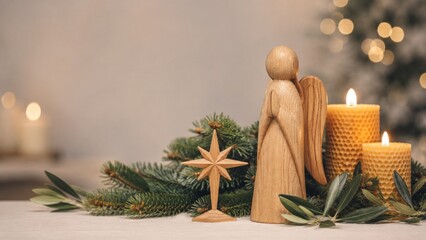Fototapeta premium Wooden angel figurine with star decoration and burning beeswax candles amidst pine branches. Religious Christmas composition for holiday celebration and peaceful home interior decor spirit, copy space