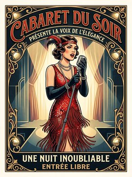 Elegant jazz singer performing on a vintage cabaret stage poster