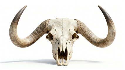 Fototapeta premium Highly detailed bovine skull with large curved horns, isolated on a pure white background