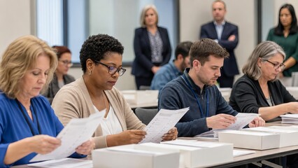 Fototapeta premium Election workers counting paper ballots at official polling station. Diverse group of men and women processing votes during democratic government election process. Civic duty and integrity