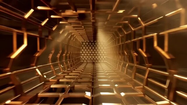 Animation of flying through a futuristic golden hexagonal tunnel towards a bright light