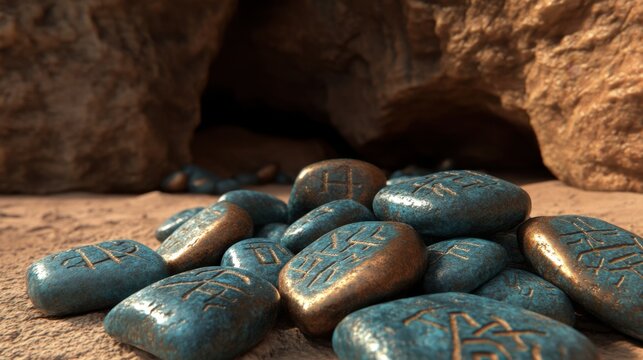 Scattered Blue and Bronze Polished Rune Stones in Cave