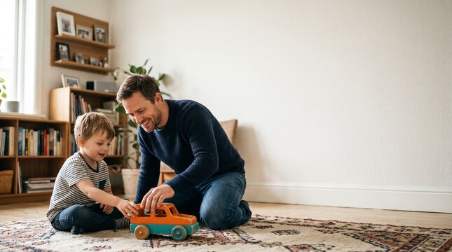 Father and Son Playing: A father and his young son sit on the floor, engaged in playful interaction with a toy car, fostering a bond of love and connection in a warm, inviting home setting.