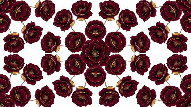 Symmetrical pattern of burgundy roses with gold leaf accents