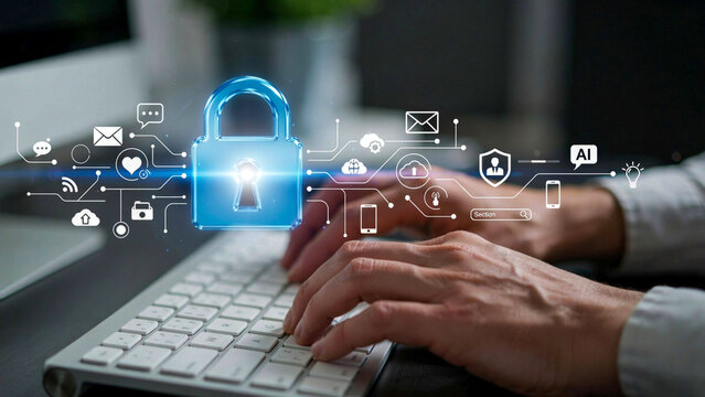 Cybersecurity concept: a glowing padlock symbol connected to digital icons, representing online protection, with hands typing on a keyboard in the background