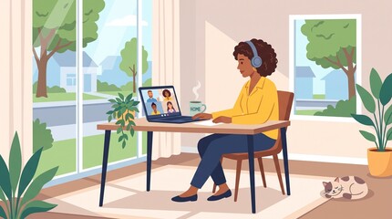 Fototapeta premium Woman Working from Home on Laptop Video Call in Cozy Home Office
