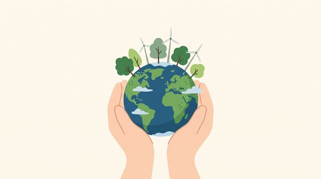 Hands Holding Earth with Trees and Wind Turbines for Environmental Protection and Sustainability