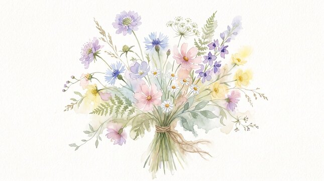 Delicate Watercolor Wildflower Bouquet Illustration with Pastel Hues