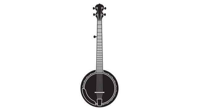 Black and white illustration of a classic five string banjo musical instrument.