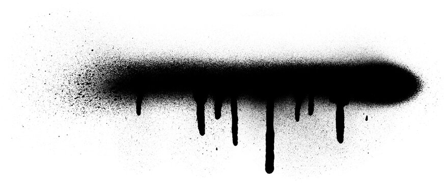 Horizontal black spray paint line with ink drips isolated on transparent background.