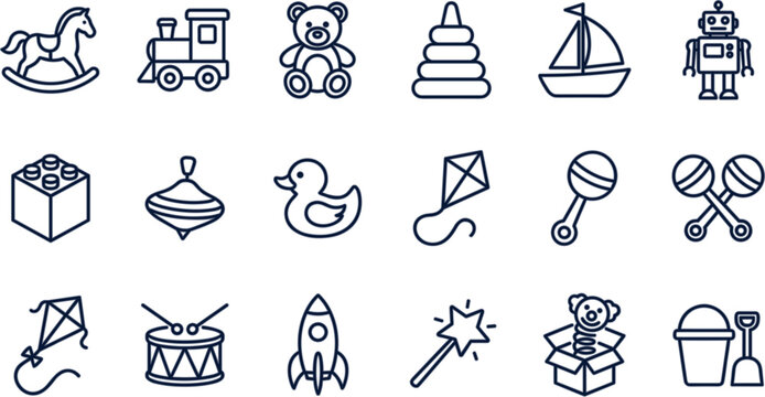 Baby toy vector icon set featuring rocking horse teddy bear train robot pyramid blocks rattle rocket drum and sandbox line art symbols