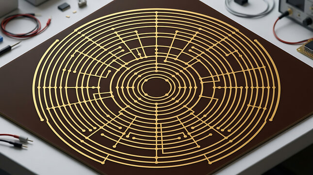 Detailed isometric view of a circular gold circuit board with a radial labyrinth trace pattern on a dark base, surrounded by electronic components, wires, and lab tools on a workbench.