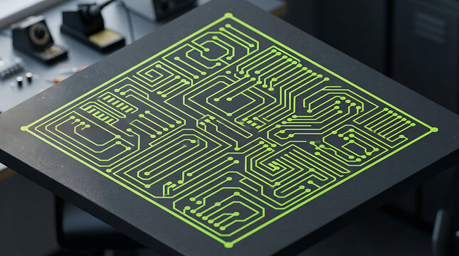 Detailed isometric view of a neon green electronic circuit board diagram on a dark platform, featuring complex wiring paths and node points in a laboratory setting.