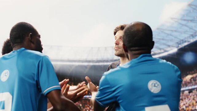 Soccer referee in Black showing yellow card to protesting player on pitch, teammates confronting match official and complaining about decision, disciplinary action moment, for football match content.