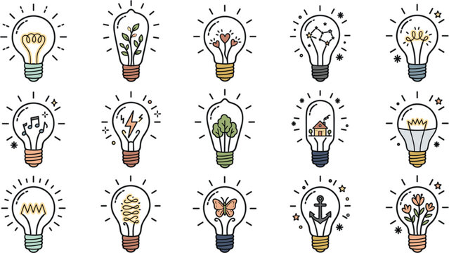 Creative light bulb vector icon set featuring unique filaments with plants hearts music notes lightning house butterfly and flowers