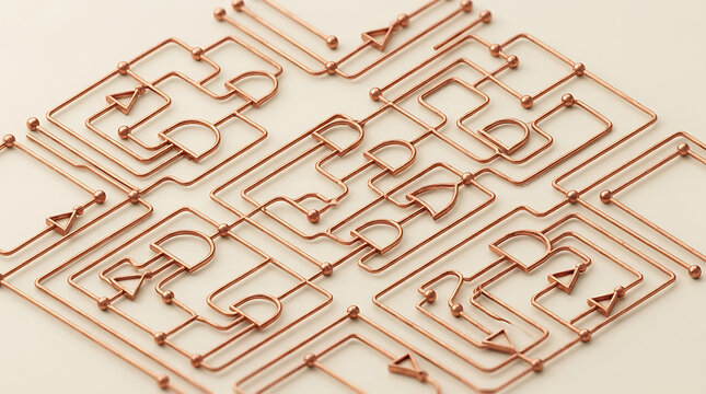 Isometric 3D render of a computer logic gate circuit layout made of copper wire, featuring AND and OR gate symbols connected by electrical paths on a minimalist beige background.