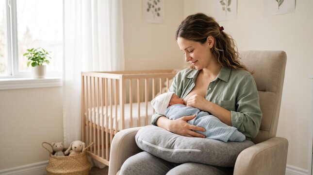 Loving Mother Breastfeeding Newborn Baby Beside a Bright Nursery Window, Peaceful Maternal Bonding and Infant Care Lifestyle at Home
