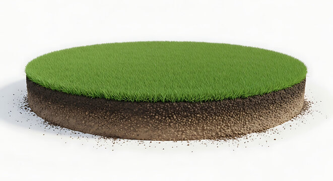 3D cross section of a circular grassy terrain island with soil layers environmental circular environment isolated landscape