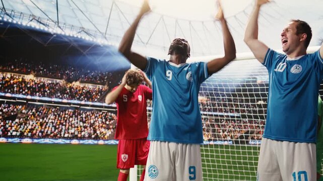 Happy soccer players celebrating winning score on pitch, hugging and screaming with teammate, arms raised and cheering near net, exciting goal aftermath on stadium, for victory and sports achievement.