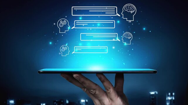 Concept of Artificial Intelligence Communication with Digital Interaction, Brain Icon, and Chat Bubbles on a Modern Tablet Device Against a Futuristic Background. Entropy.