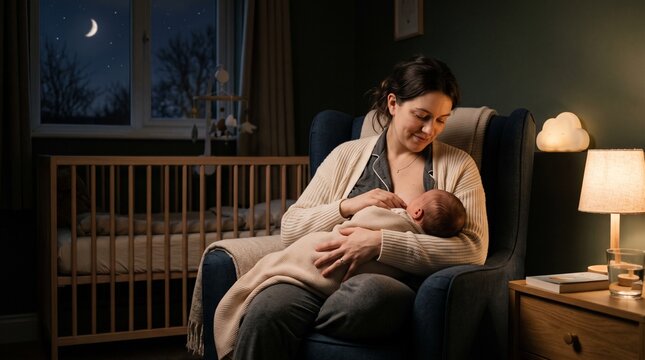 Mother Breastfeeding Newborn Baby During a Peaceful Night Feeding in Cozy Nursery, Maternal Care and Early Parenting Lifestyle