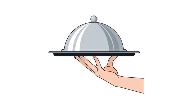 Hand serving elegant meal with silver platter and dome lid illustration