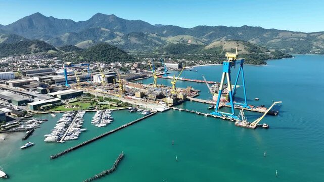 Praia do Machado, Angra dos Reis. Large shipyard in operation. Aerial view.