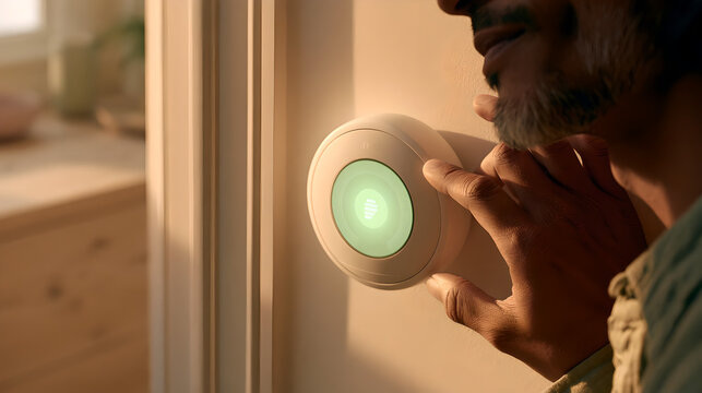 Person presses a glowing green button on a modern smart home control panel installed on an interior wall.