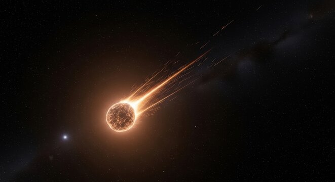 A massive comet shoots through the dark space with glowing tail